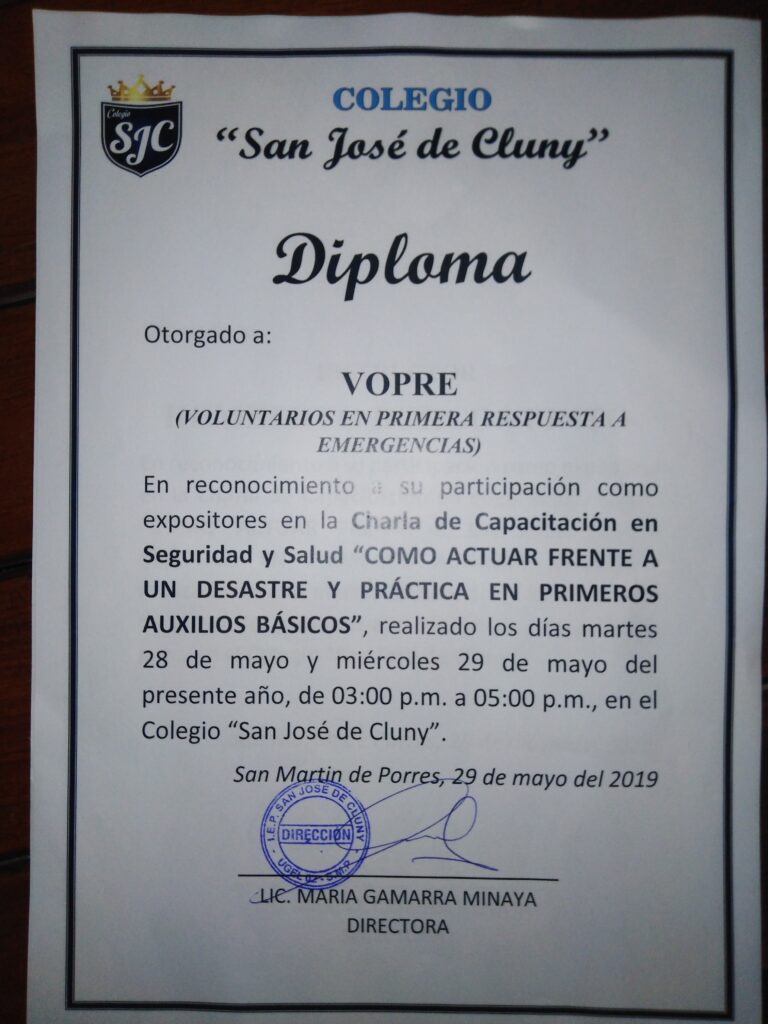 Diploma de Agradecimiento San Jose de Cluny 29 05 2019